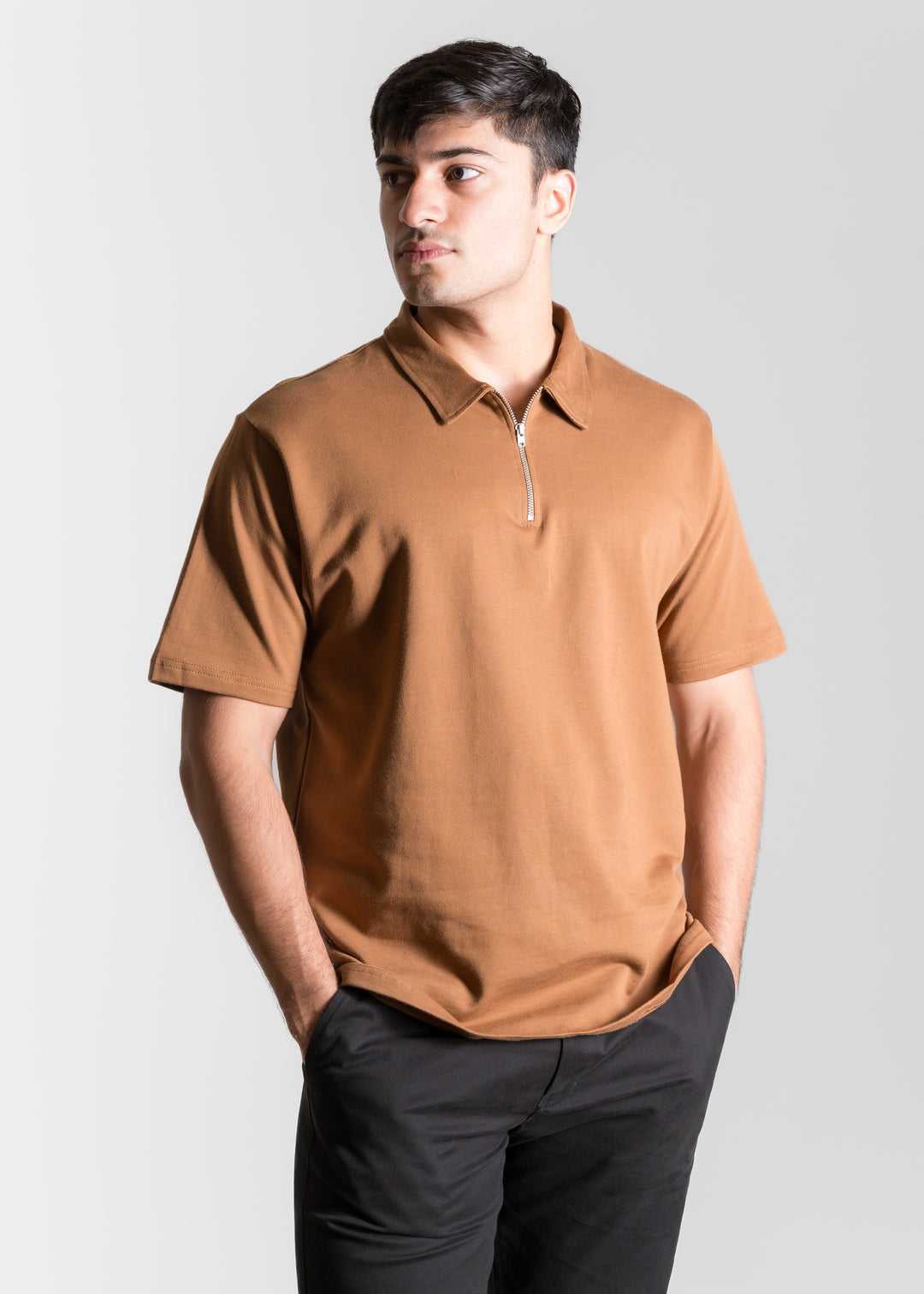 Heavy Relaxed Half Zip Polo — Brown