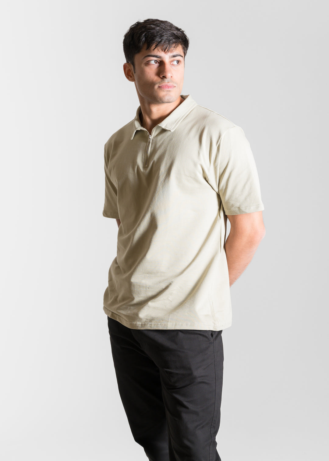 Heavy Relaxed Half Zip Polo — Light Khaki