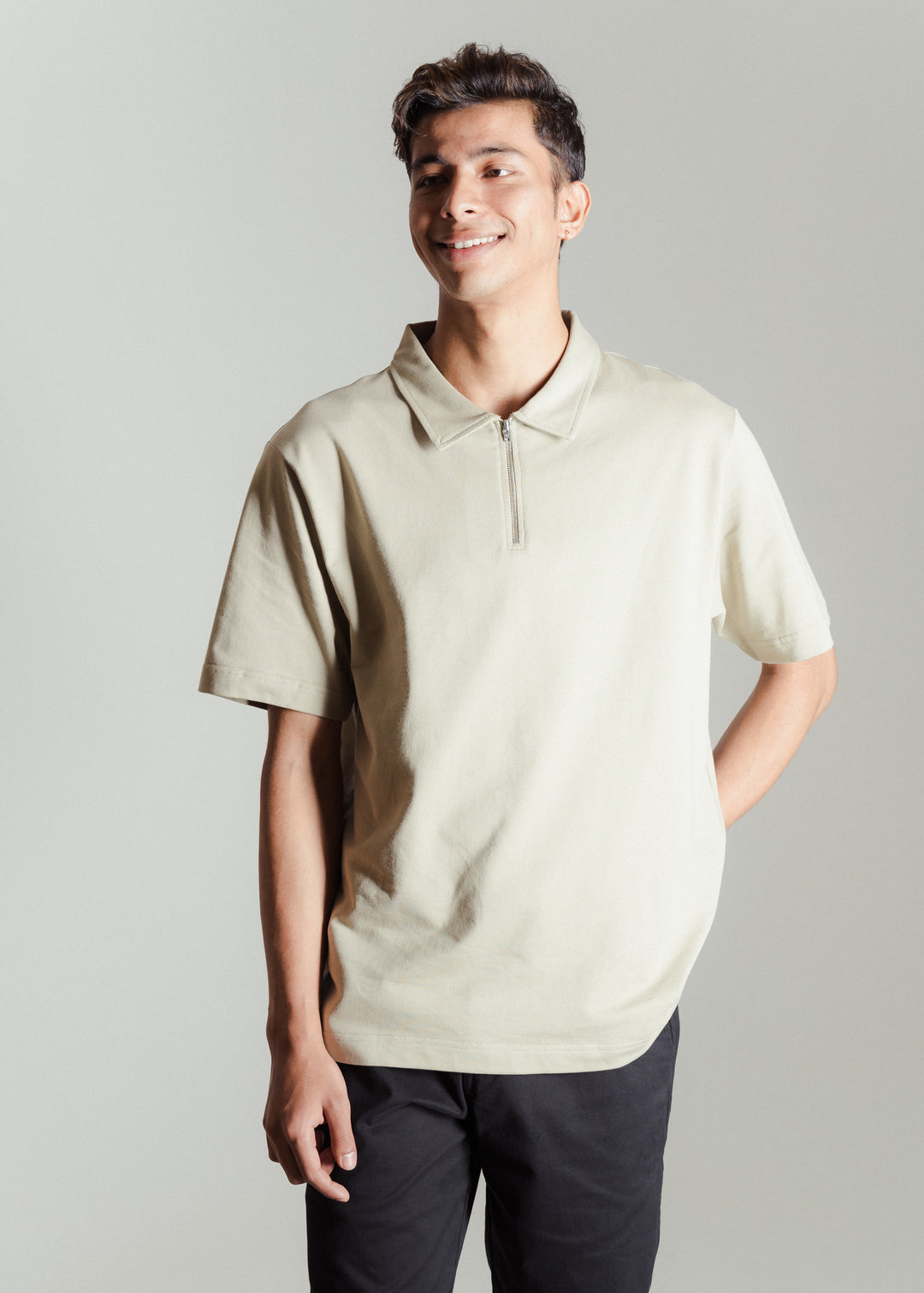 Heavy Relaxed Half Zip Polo — Light Khaki