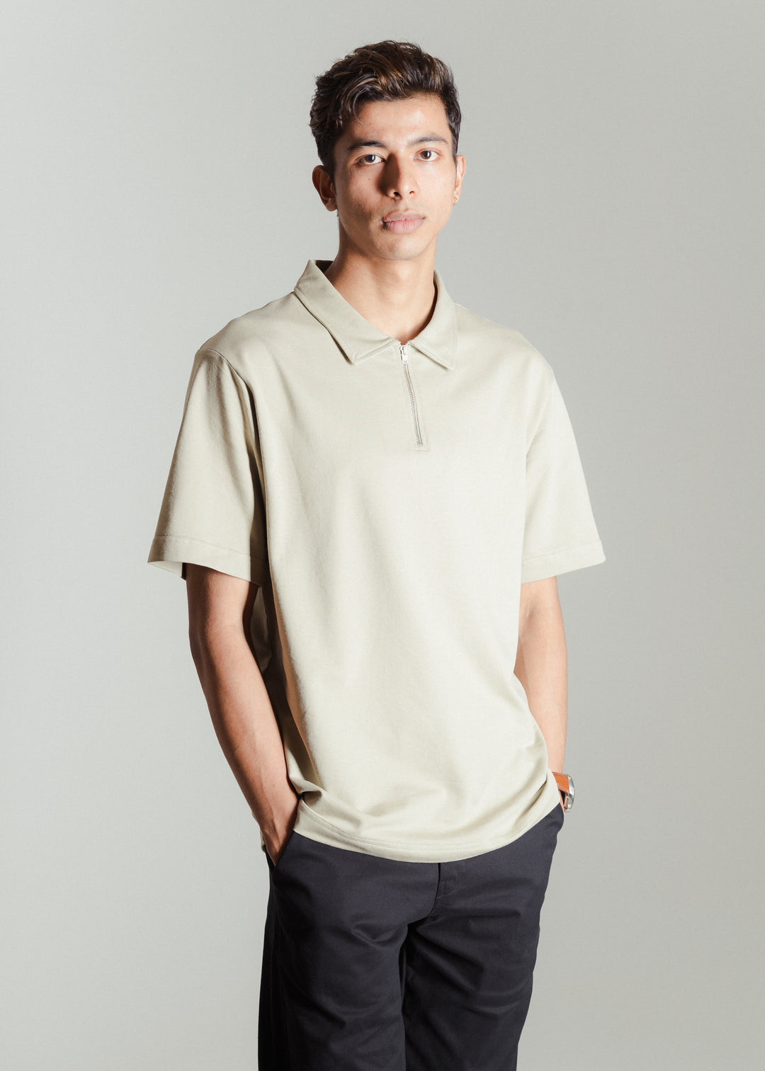 Heavy Relaxed Half Zip Polo — Light Khaki