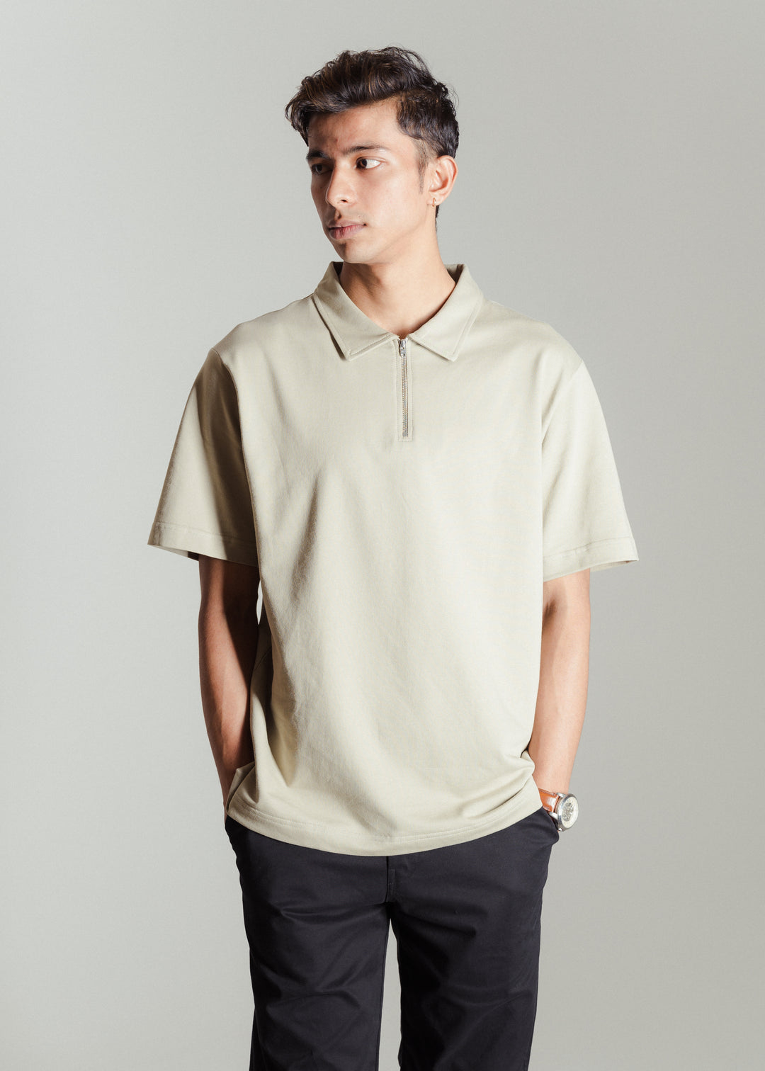 Heavy Relaxed Half Zip Polo — Light Khaki