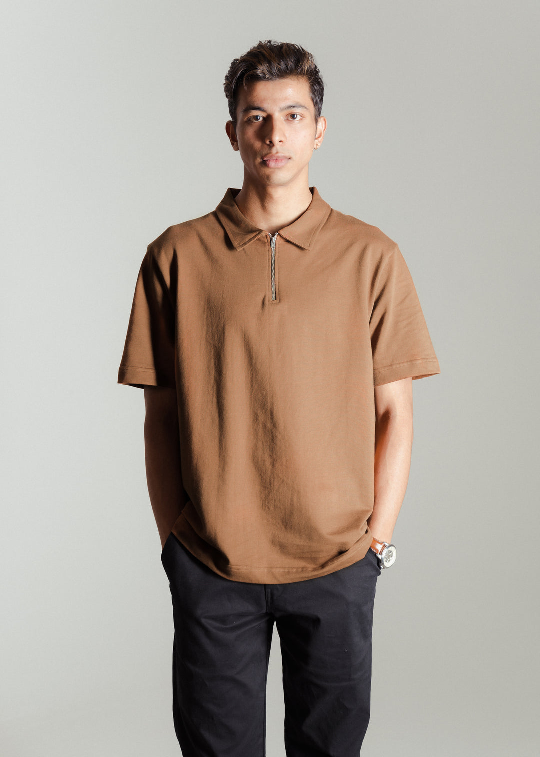 Heavy Relaxed Half Zip Polo — Brown