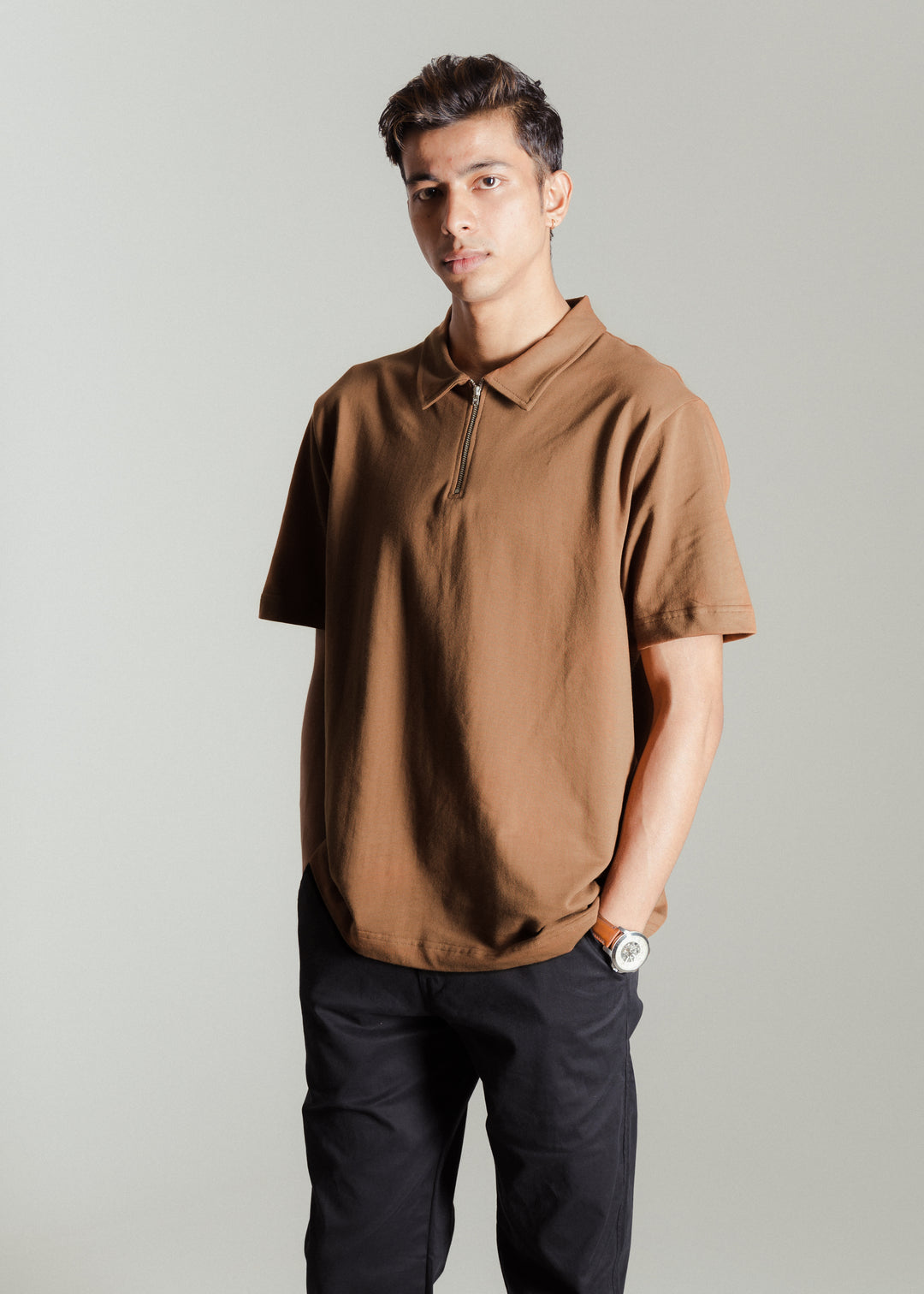 Heavy Relaxed Half Zip Polo — Brown