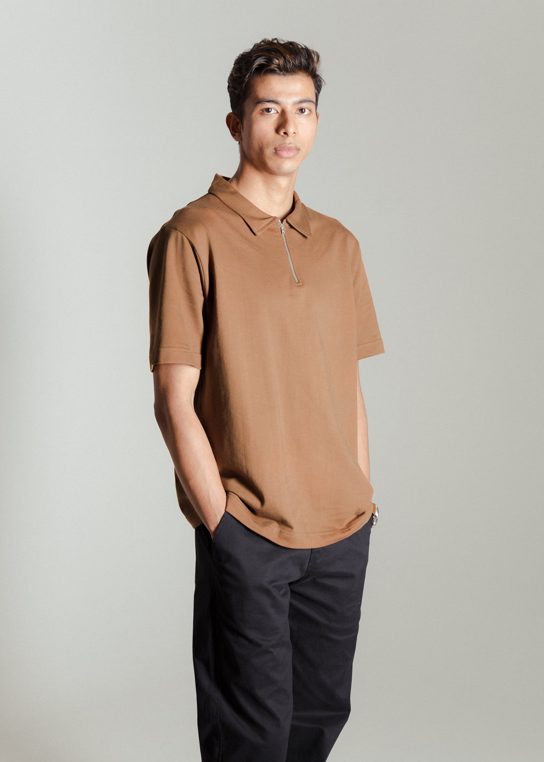 Heavy Relaxed Half Zip Polo — Brown