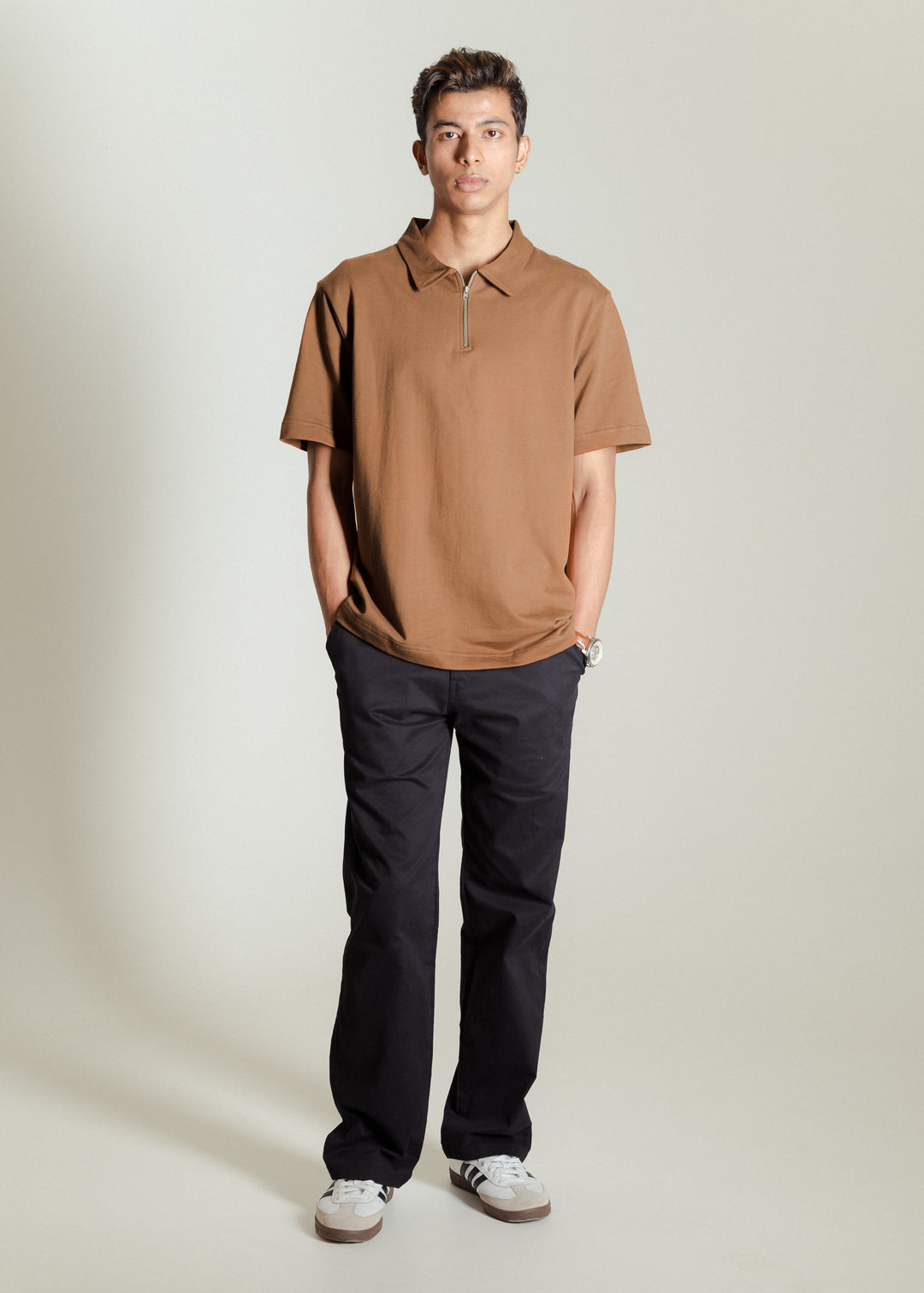 Heavy Relaxed Half Zip Polo — Brown