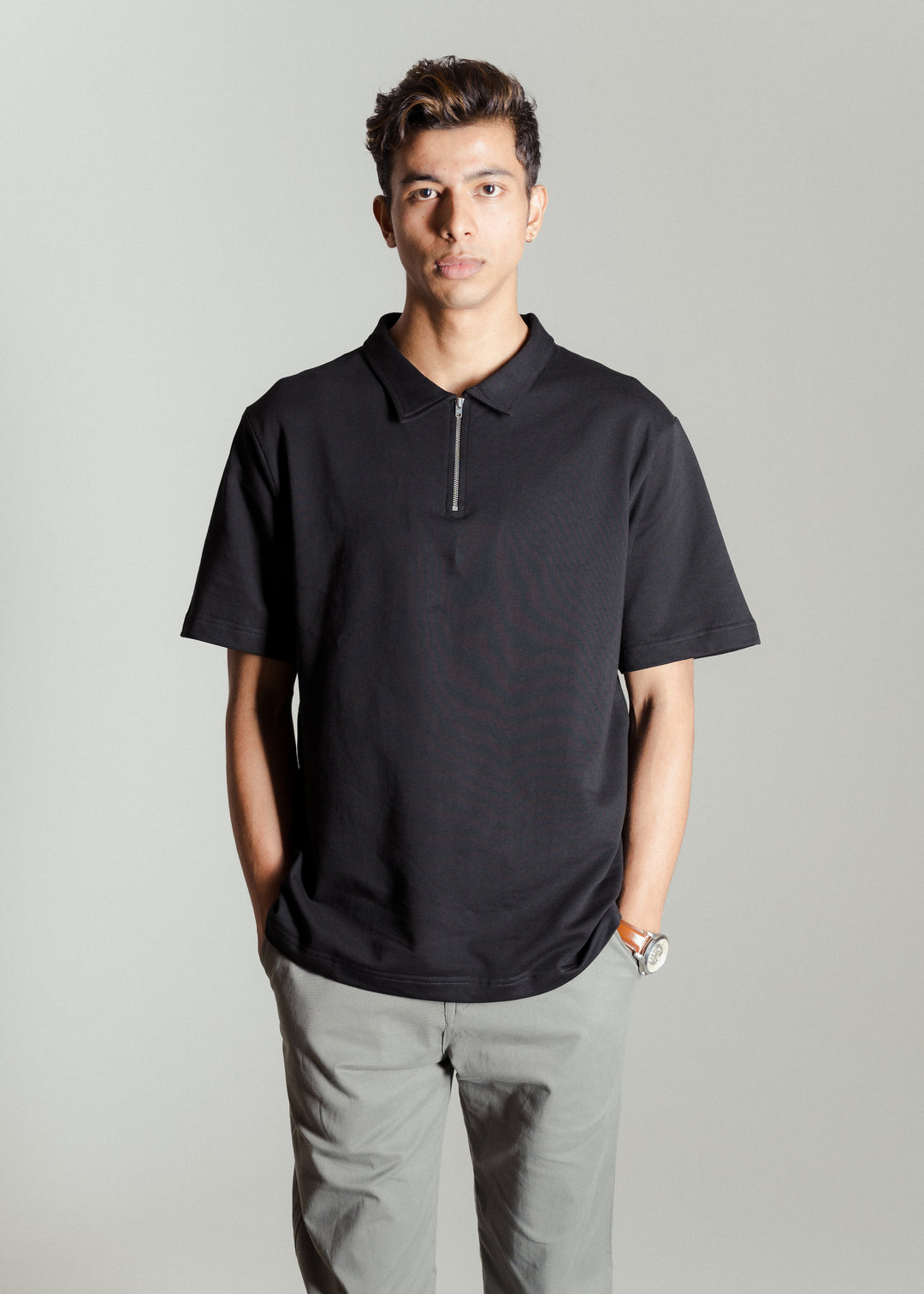 Heavy Relaxed Half Zip Polo — Black