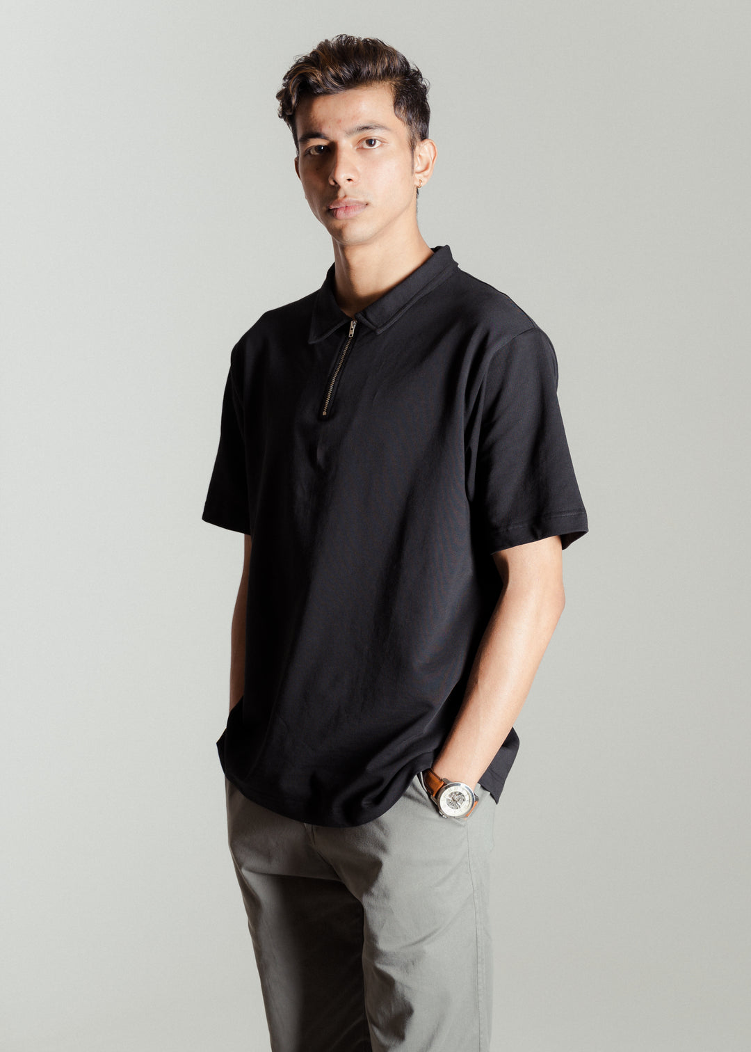 Heavy Relaxed Half Zip Polo — Black