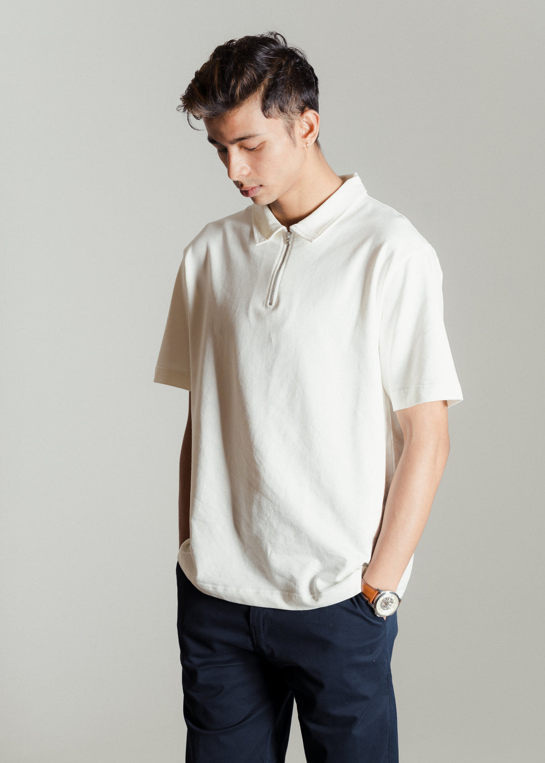 Heavy Relaxed Half Zip Polo — Off White