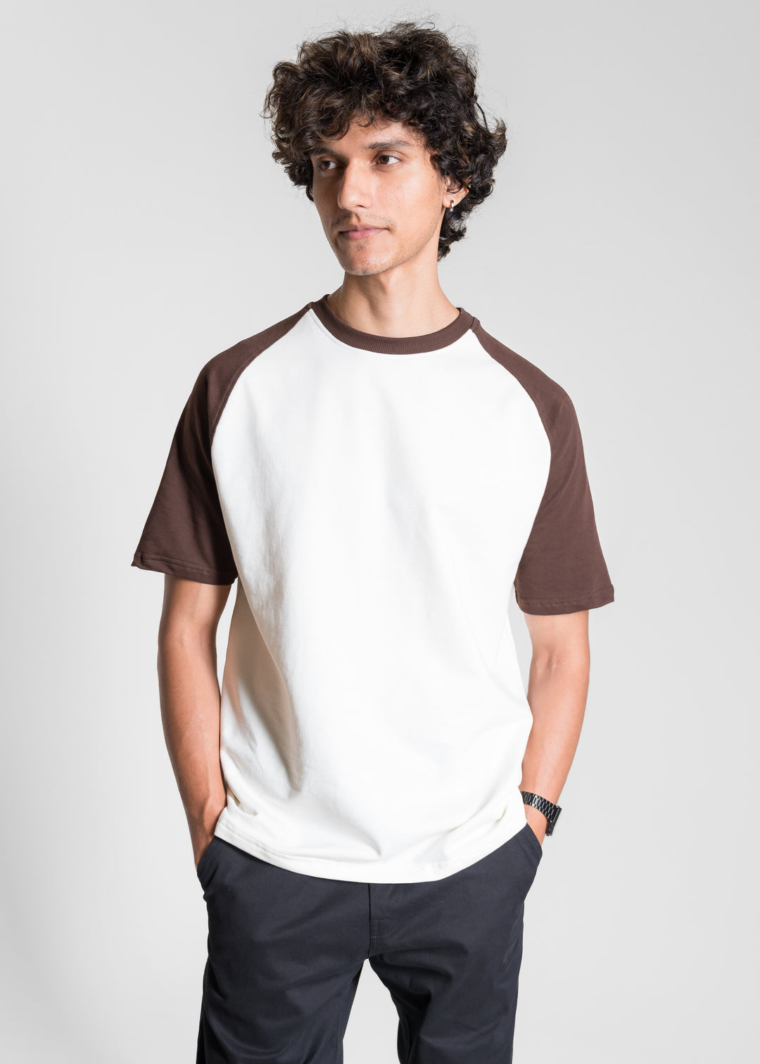 Heavy Relaxed Raglan T-shirt — Dark Brown & White