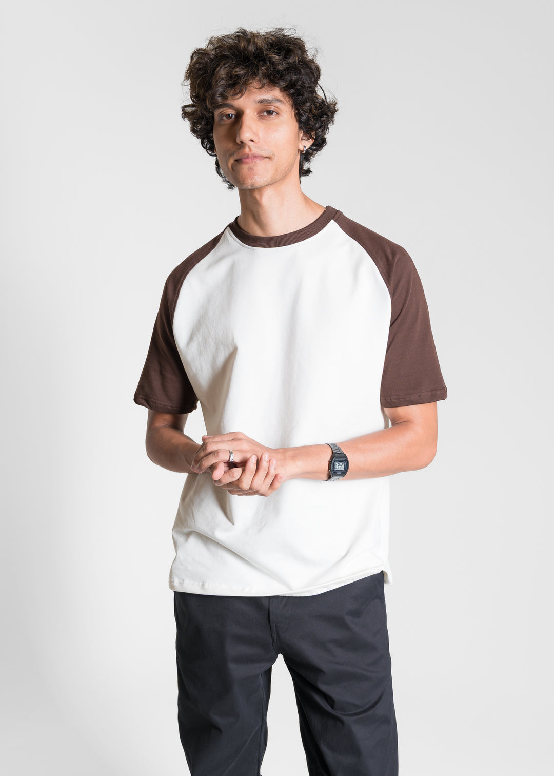 Heavy Relaxed Raglan T-shirt — Dark Brown & White
