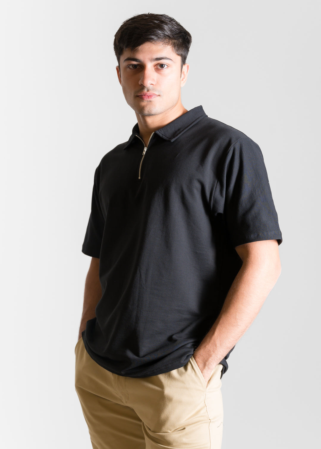 Heavy Relaxed Half Zip Polo — Black