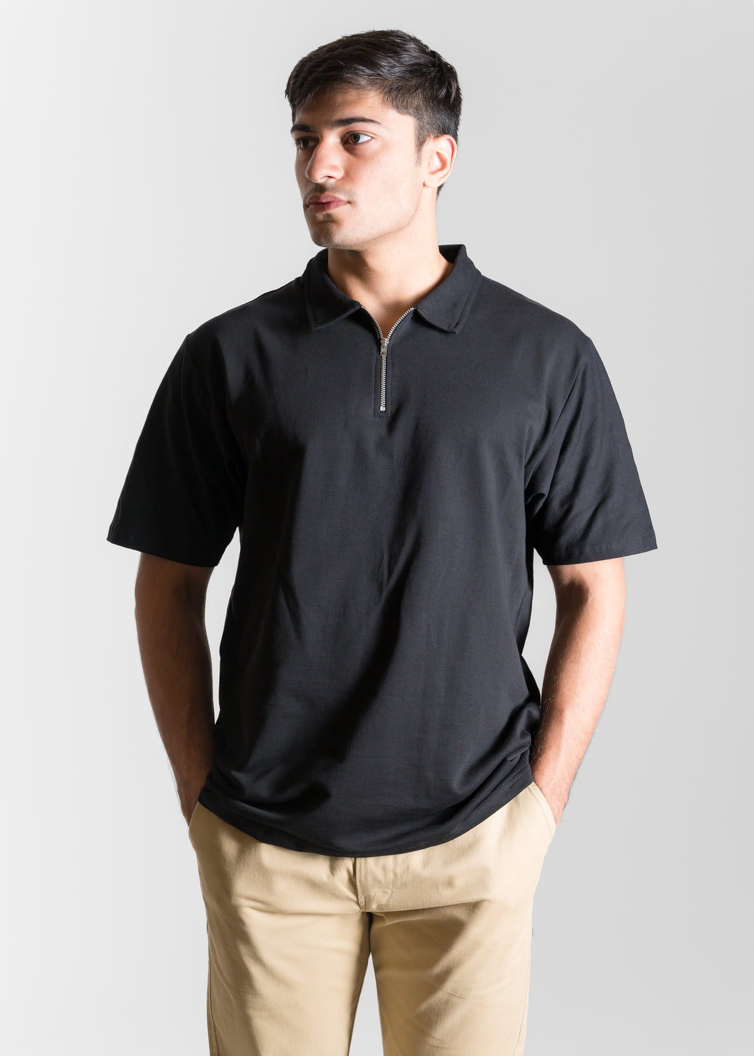 Heavy Relaxed Half Zip Polo — Black