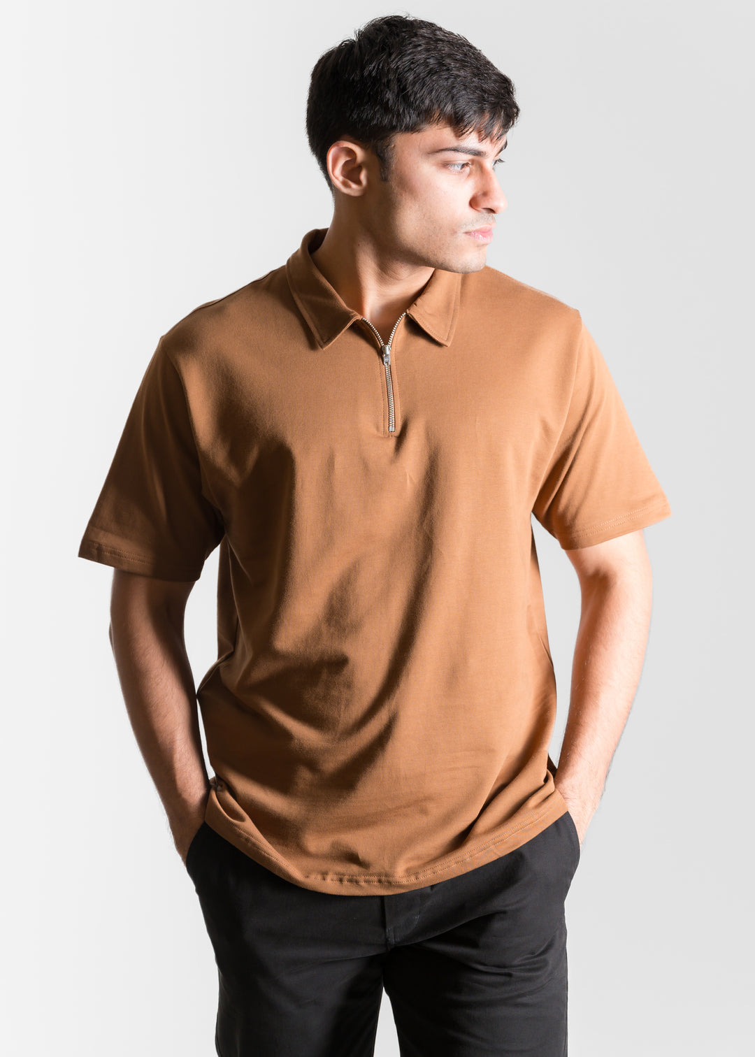 Heavy Relaxed Half Zip Polo — Brown