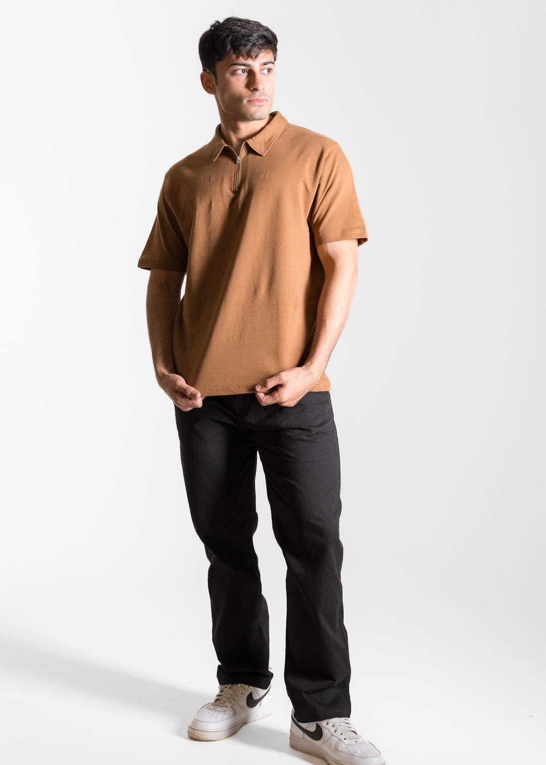 Heavy Relaxed Half Zip Polo — Brown