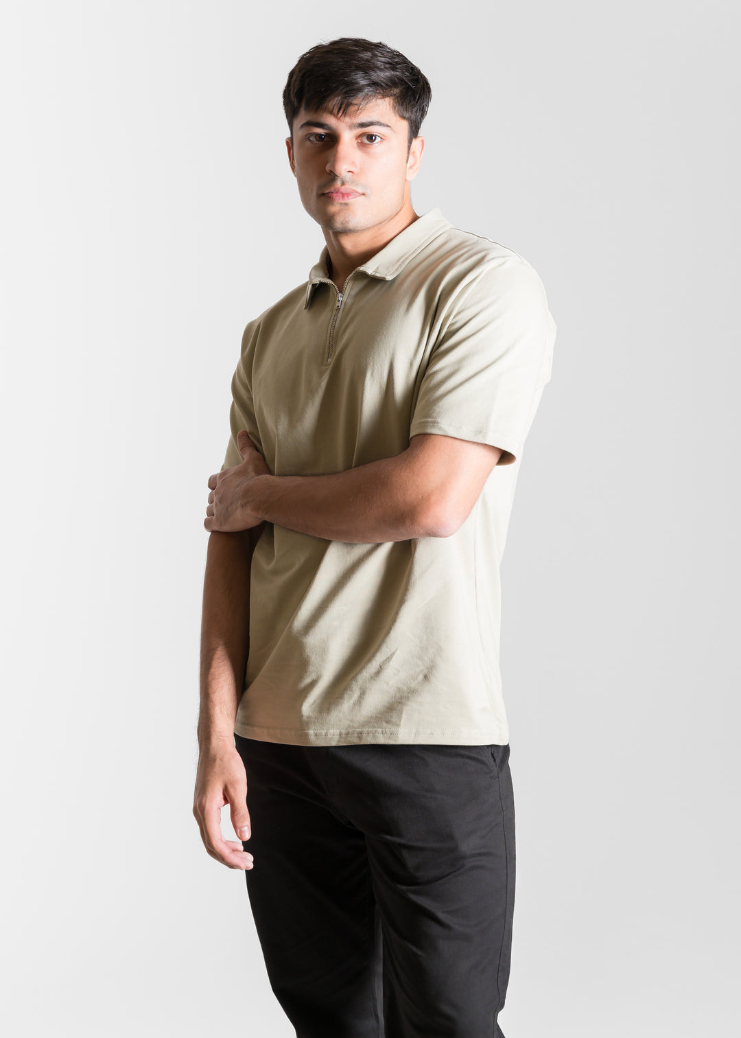 Heavy Relaxed Half Zip Polo — Light Khaki