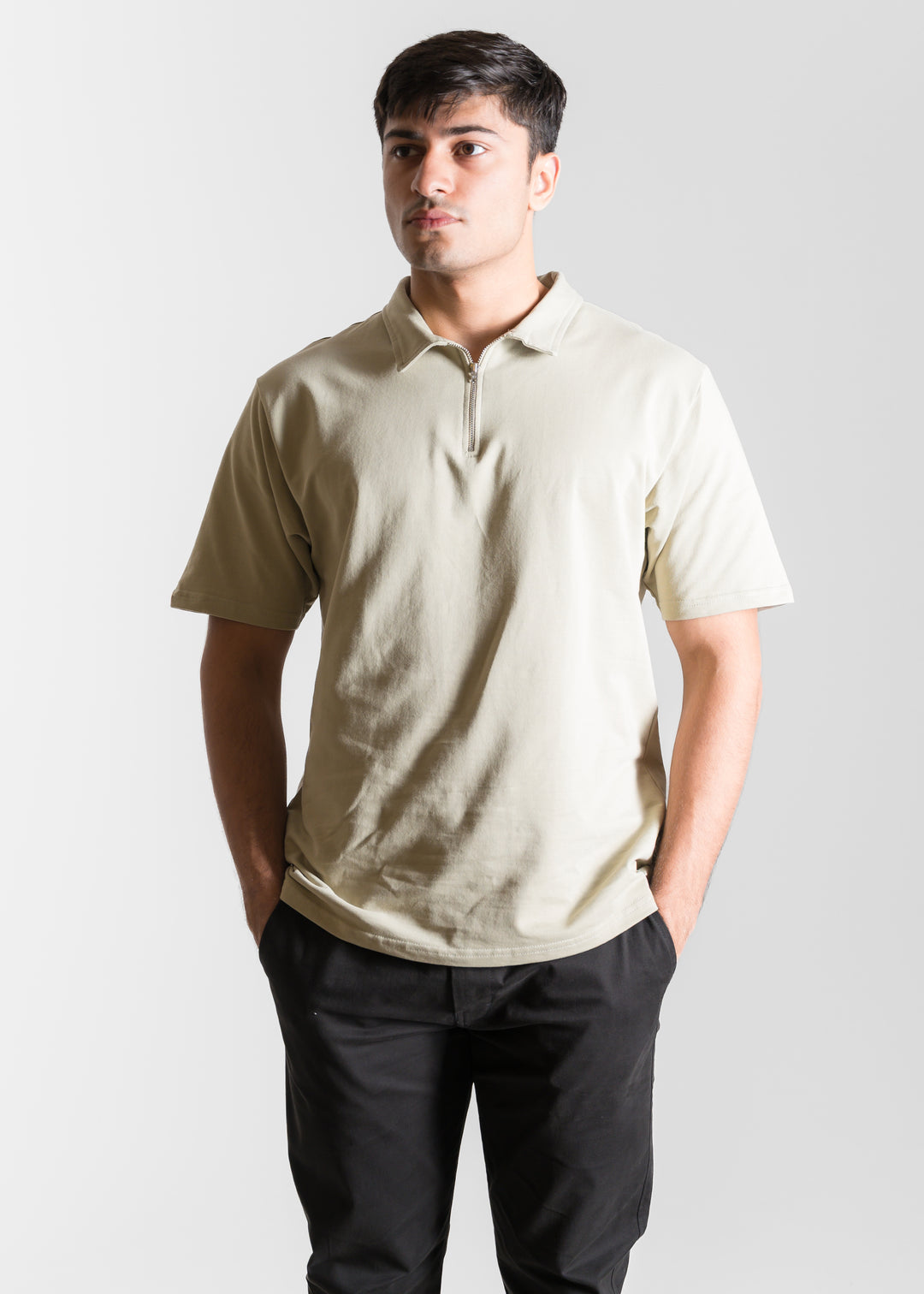 Heavy Relaxed Half Zip Polo — Light Khaki