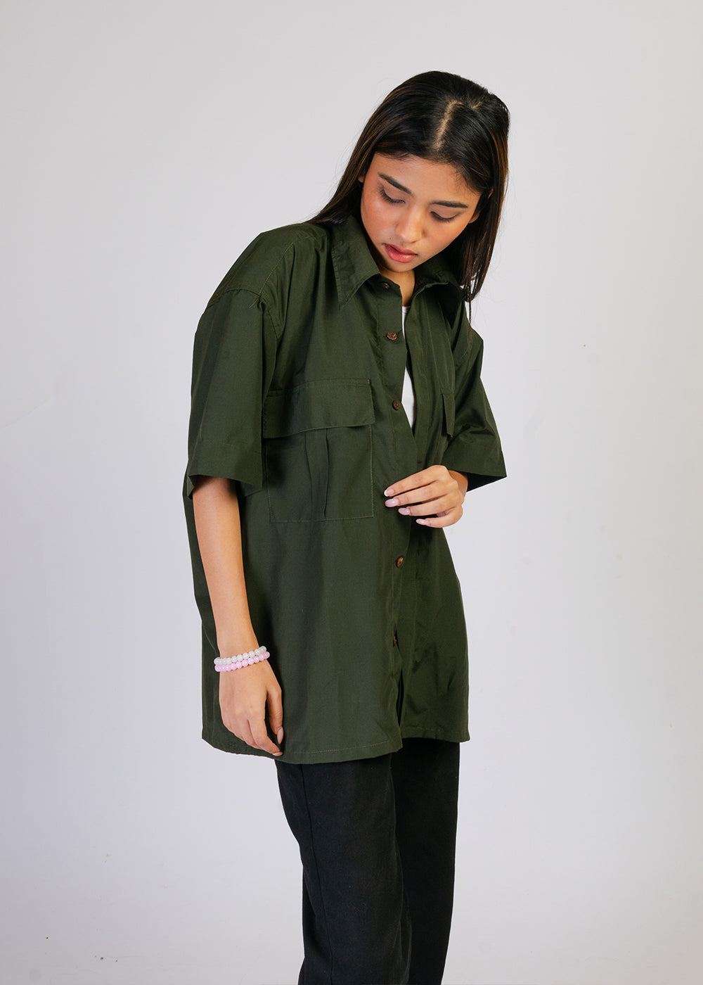 Military Cargo Shirt — Dark Olive Relaxed Fit